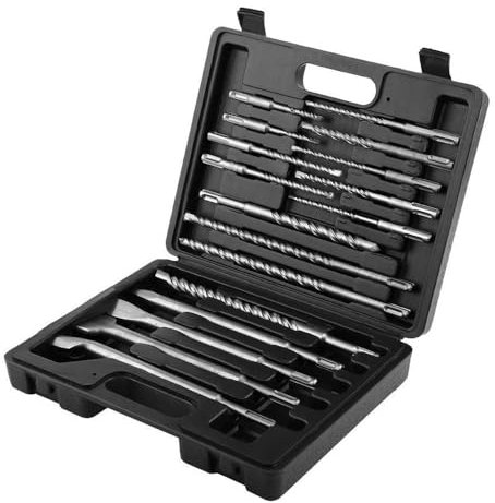 17Pcs Rotary Hammer Drill Bits Set & Chisels SDS Concrete Masonry Hole Tool with Storage Case for Drill Grooves in Concrete, Brick, Walls and Cuts, Black