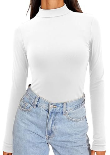 Amoretu Langarmshirts für Damen Rollkragenshirt Unterziehshirt Langarm Oberteile T Shirt Unterziehrolli Winter Weiß L