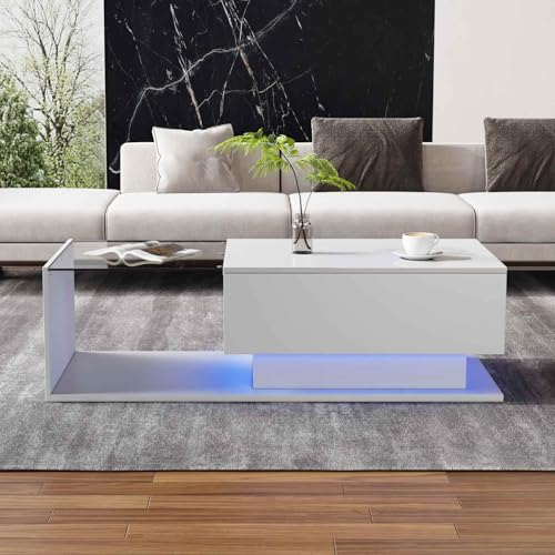 KOMHTOM Mesa baja blanca con tapa de cristal y bandeja brillante, mesa auxiliar LED con cajón, mesa baja moderna, muebles de salón (blanco)