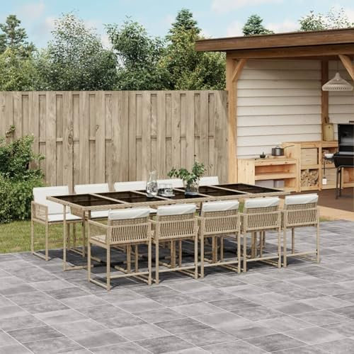 Juroupi 11-TLG. Garten-Essgruppe mit Kissen Sitzgruppe Outdoor TerrassenmöBel Terrassen-Sitzgruppe Garten-Essgruppe Beige Poly Rattan - 3211474