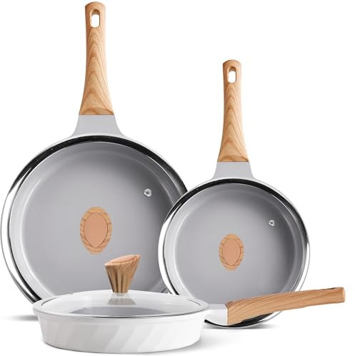 RIOVARM Cerámica Antiadherente Juegos de sartenes con tapas Inducción Batería de cocina sin PFOA 20 cm 24 cm 28 cm Sartenes para tortillas con asas de baquelita imitación madera