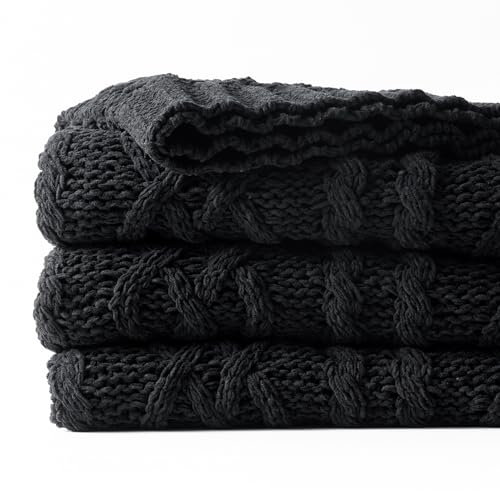 Battilo Black Knit Throw Blanket for Couch, Woven Chenille Throw Blankets for Living Room, Soft Black Throws, Decorative Sofa Blanket, 130x170cm