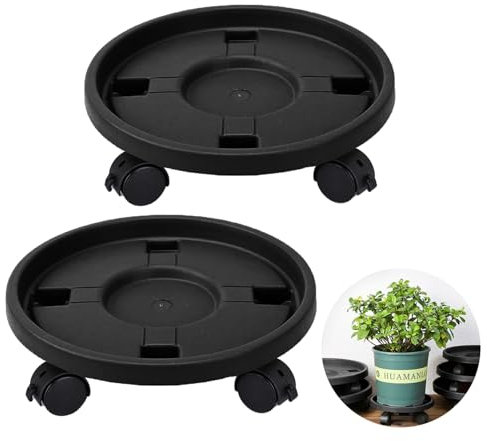 2PCS Heavy Duty Rust Proof Plant Caddy with Wheels 12 Inch Rolling Plant Stand Round Planter Rollers Movable Flower Pot Pallet Indoor Outdoor Potted Trolley With Brake (OD:30CM, Black With Brake)