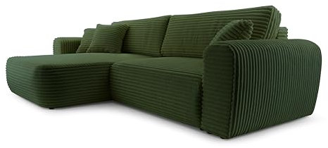 FurniShop24 Ecksofa mit Schlaffunktion und Bettkasten – Stilvolles Schlafsofa 297x169 cm mit Bequemer Polsterung und Dekokissen, L-Form Sofa, Eckcouch für Wohnzimmer Happy Dunkelgrün Links