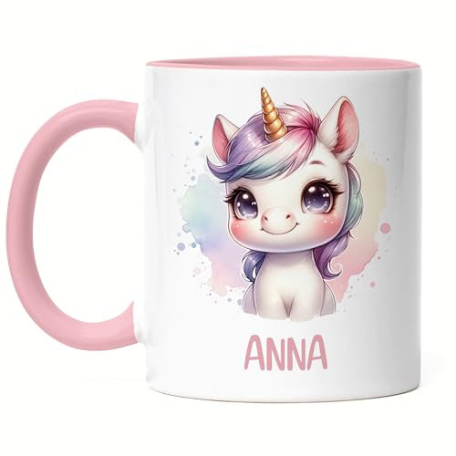 Kiddle-Design Kindertasse mit Namen Personalisiert, Personalisierte Tasse Kinder mit Einhorn, Namenstasse Einhorntasse, Kinderbecher als Geschenk zur Taufe, Geburt Weihnachten - Tasse Rosa