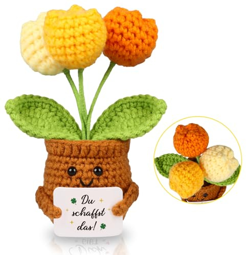 WenmthG Mutmacher Geschenk Gestrickte Tulpenpuppe Blumenpuppe für Kollege Freund Kleiner Glücksbringer Prüfung, Gute Besserung Geschenke, Ermutigung Geschenke Positive Kartoffel Deutsch Ersatz