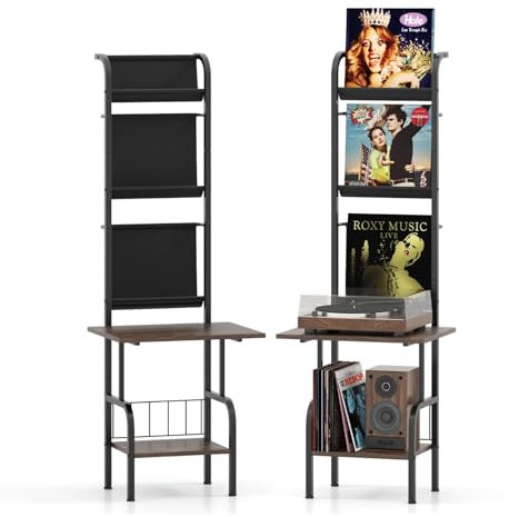 KOMFOTTEU Support de Disque Vinyle avec Un Plateau pour Platine Vinyle, Meuble Platine à 5 Niveaux avec Étagère inférieure, Meuble Tourne-Disque en Bois, 50 x 51 x 145 cm, Style Vintage