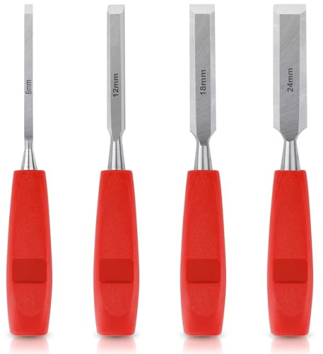 4 Pcs Chisel Set, Wood Chisel Sets for Carpenter Carving Tools with Bevel Edge, Carpenters Chizzle Set Non-Slip Handle, Hand Woodworking Tools for Carpentry Joinery Sculpting 6mm, 12mm, 18mm, 24mm