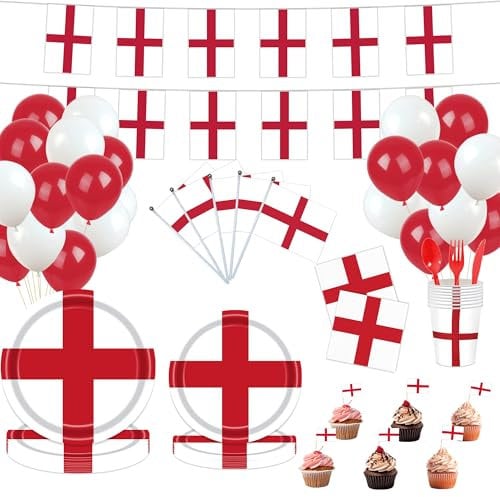 YOFANUP England Party Pack 200 Pcs, Banner, England Football Rugby Decorations for Women's Euro and Women's Rugby Championship 2025, Reusable, Great for Garden, Bar, Restaurant, Home Party