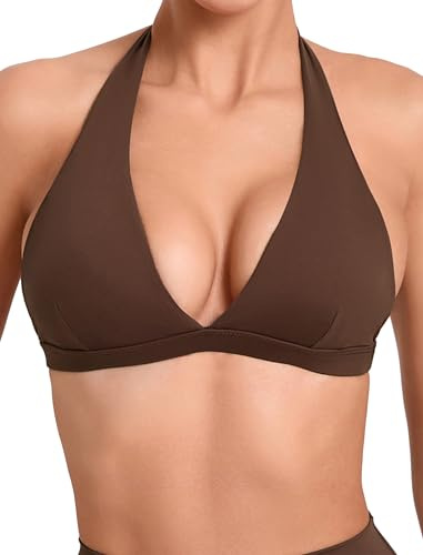 Sport-BH Damen Neckholder für Fitness: Rückenfrei Gepolstert Bra mit tiefem V-Ausschnitt und beweglichen BH-Pads Ohne Bügel Push up - Sexy Büstenhalter für Yoga Lauf Gym braun M