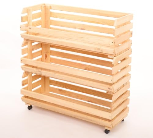 PROREGAL Gemüseregal VeggieRoll mit Rollen | HxBxT 81x77x30 cm | 3 Holzkisten | Holz | Natur | Aufbewahrungskiste Stapelkisten Kartoffelkiste
