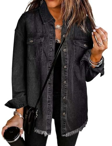 Cocila Denim Jackets Women UK Button Down Windproof Casual Long Frayed Hem Shacket Coats Washed 2025 Jean Solid Color Lightweight Stretch Boyfriend Jean Jacket Gift with Pockets S-XXL