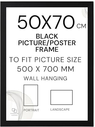 50x70cm Frame, Black Wooden Picture and Poster Frame with Hooks, 50 x 70 cm | Clear Acrylic Glass Front, Sturdy Black Wooden Frame, MDF Backing and Hooks for Easy Portrait or Landscape Wall Display.