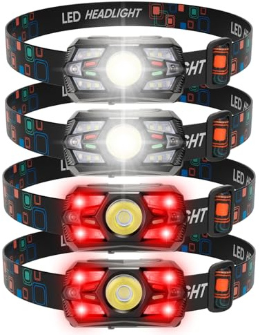 NAKCNM 4 Stück Stirnlampe LED Wiederaufladbar, mit Bewegungssensor, 5 Modi | LED Kopflampe, USB C, 2000 Lumen Rotlicht Stirnlampe Batterie, 78g leicht für Kinder Joggen Laufen Angeln Wandern Camping