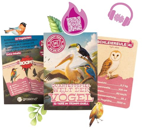 Quartet Game World of Birds - The Card Game with 32 Bird Species in Trump Duel | Children & Family | With QR Codes & Audio Content | Sustainable on Grass Paper