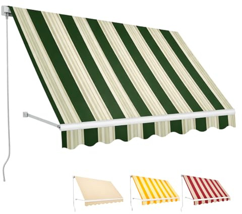 Paluplus Tenda da Sole a Caduta, Misura 400x300 cm, Senza Cassone con braccio avvolgibile e Braccetti Fermatenda, Telo Resistente 280 g/m², per Balcone e Terrazzo -3911F -10 (Verde e Bianco)