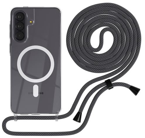 EAZY CASE - Handykette kompatibel mit Galaxy A57 Kette zum Umhängen Stoßfest Handyhülle für Galaxy A57 Silikon Hülle Band Handytasche Transparent als Fallschutz in Schwarz/Anthrazit - Clips Schwarz