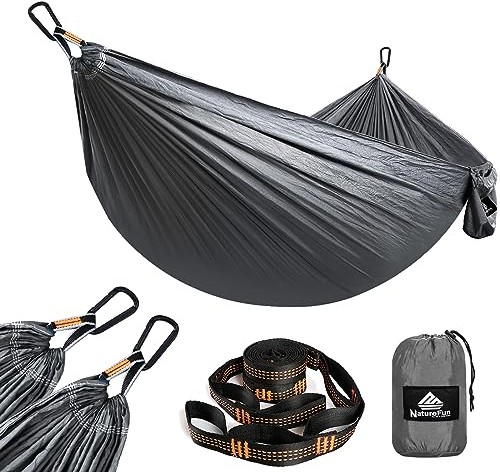 NATUREFUN Hamaca Ultraligera para Viaje y Camping (275x140 cm) | 300kg de Capacidad de Carga,Transpirable, Nylon de Paracaídas de Secado Rápido | 2X Mosquetones Premium, 2X Correas de Nylon Incluidas