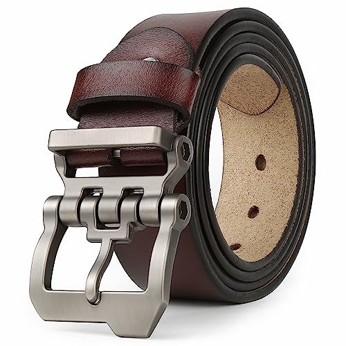 JingHao Belts for Men,Casual Mens Belt Leather for Jeans,Cowboy,Black Genuine Leather Belt,Plus Size 28-64 Width 1.45 Brown