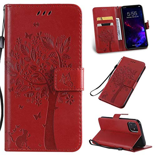 SATURCASE Case for Apple iPhone 11 6.1, Cat Tree Embossing PU Leather Flip Magnet Wallet Stand Card Slots Protective Cover with Hand Strap for Apple iPhone 11 6.1 (Red)