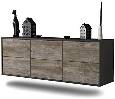 Dekati Lowboard Washington D. C. hängend (136x47x35cm) Korpus anthrazit matt - Front Holz-Design Treibholz - Push to Open - hochwertige Leichtlaufschienen