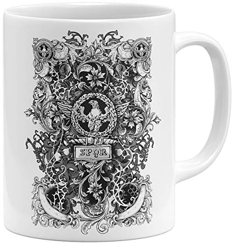 OM3® SPQR Adler Römer Kaffee-Tasse - Keramik Becher - 11oz 325ml - Beidseitig Bedruckt - Weiss