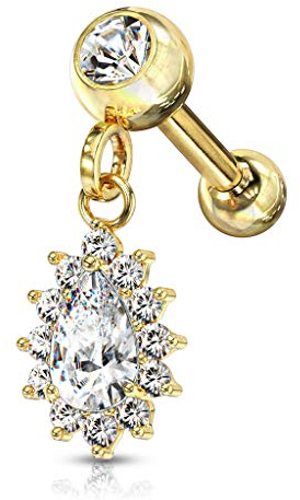 beyoutifulthings 1 Knorpel Ohr-stecker Zirkonia Tropfen Anhänger Cartilage Labret Piercing-s Tragus Gold Clear Edelstahl Schraub-Verschluss