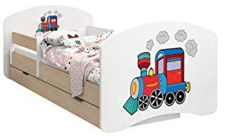HappyBabies - Doppelseitiges Kinderbett MIT SCHUBLADE Modernes Design mit sicheren Kanten und Absturzsicherung Schaumstoffmatratze 7 cm Leichte Birne (Lokomotive, 190/90)