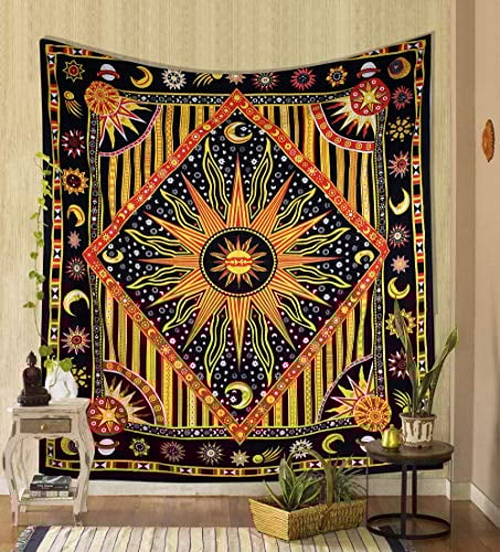 THE ART BOX Batik-Tapisserie mit brennender Sonne, himmlischer Sonne, Mond, Stern, Planet, Bohemian-Poster, Trippy-Tischdecke, psychedelische Tagesdecke, Wandbehang, Boho, Hippie, Strand, Decke,