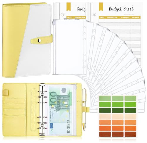 Raccoglitore Notebook A6, TAOPE Portadocumenti in Pelle PU con 12 Trasparente Sacchetti Cerniera Compilabile per Budget di Contanti Organizzatore di Buste Risparmio di Denaro - Giallo