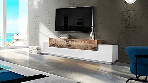 Dmora - TV-Schrank Nico, niedriges Wohnzimmer-Sideboard, Fernsehständer-Basis, 100 % Made in Italy, 240 x 45 x 52 cm, glänzendes Weiß und Ahorn,