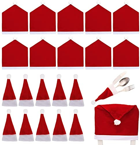 XiXiRan Sombrero de Santa Decoracion de Mesa, Navidad Cubiertos Tenedores Bolsas(10), Fundas Sillas de Comedor Navidad(10), Mini Sombrero de Navidad, Bolsas para Cubiertos Navideños, para Fiestas