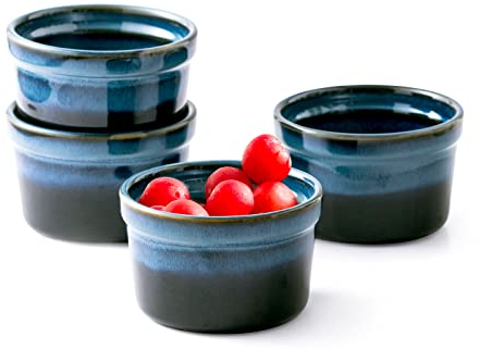 Lot de 4 Moules à Soufflé, 240 mL Ramequins Rond, Bol à Sauce Tapas, Moules pour Pudding, Creme Brulee, Bol à Dessert, Four et Micro-onde Convient, Bleu étoilé