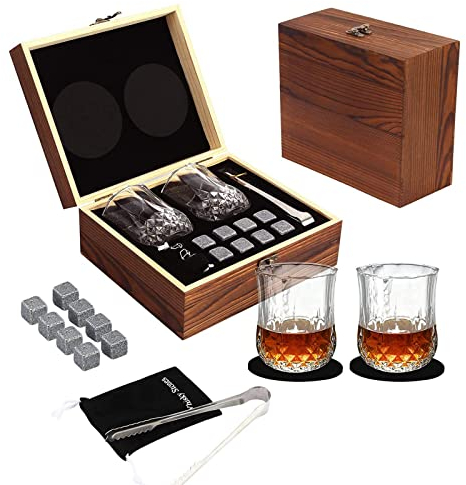 Juego De Regalo De Piedras De Whisky/Cubitos De Hielo Reutilizables Con 2 Vasos, Caja De Regalo Hecha A Mano, 8 Piedras De Granito Para Whisky Y Bolsa De Terciopelo - Regalo Para éL, Padrino, Boda