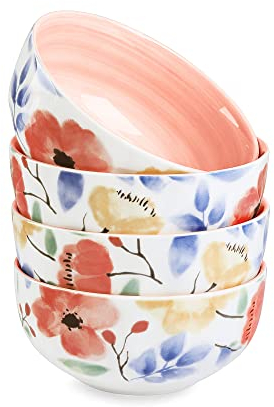 fanquare Juego de 4 Cuencos de Ensalada de Flores Rosas de Porcelana, Cuencos de Cereales Grandes, Tazones de Avena de Desayuno de Cerámica para Regalos