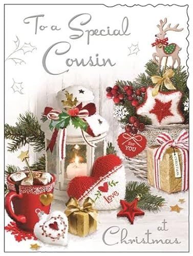 Jonny Javelin Artistic Female Relation Weihnachtskarte – Cousine – Weihnachtsgeschenke Illustration – aus der Samt-Reihe – mit einer Silberfolie und rotem Glitzer-Finish, mehrfarbig, 140 x 188 mm