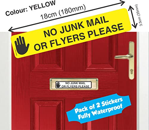 Stop Junk Mail - No Leaflets or Junk Mail Please - Door Letter Box Sticker for Door Sign Post Postbox Office or Home (Yellow)