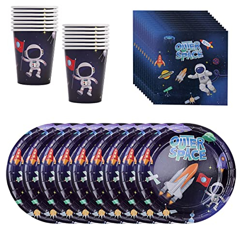 BlinBlin Espacio Exterior Vajilla para Fiesta, Astronauta Cubiertos Outer Space, Vajilla para Fiesta Espacial, Incluye Platos, Vasos, Servilletas, para 16 Invitados