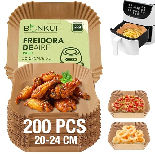 Papel Freidora Aire, 200 UNIDADES [20-24CM] 4-7 L, Papel Air Fryer Cuadrado Grado alimenticio BPA free