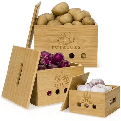 CALIDORO Premium Kartoffel Aufbewahrungsbox [3er Set] – Längerfrische Kartoffel Aufbewahrung, Knoblauch und Zwiebel Aufbewahrung – Bambus Holz Kartoffelbox, Zwiebeltopf, Knoblauchtopf