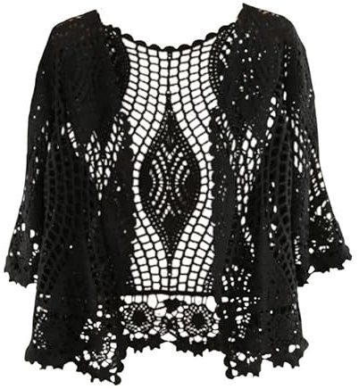 FWSHANGMAO Ladiery Shrug,Women'S 3/4 Sleeve Dress Shawl Shrug Summer Crochet Floral Bolero Cardigan Mesh Jacket Short Front Tie Elegant Shoulder Jacket See Through Cover-Up For Dresses,Black,Xl