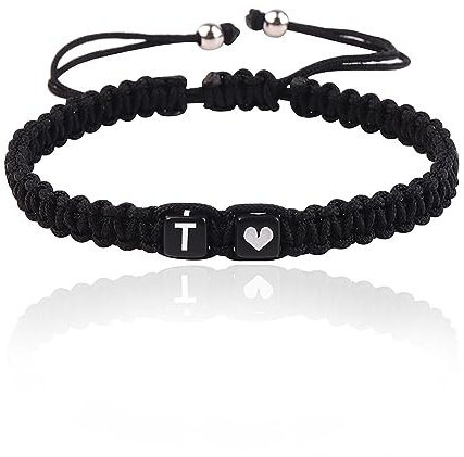 Initial A-Z Armband mit Buchstaben und Herz, Partnerarmband Geflochtenes Band verstellbarer Kette Seilarmband, Paar Geschenk für Frauen und Männer (T)