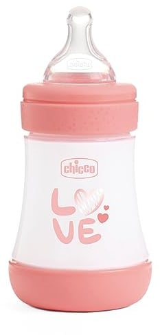 Chicco Perfect 5 Biberones Anticólicos con Tetina de Silicona de Flujo Lento para 0+ Meses, Biofuncional con Sistema Intuiflow, Color Rosa, 150 ml