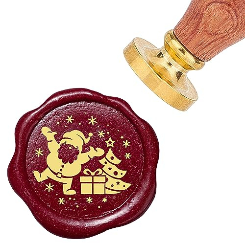 CRASPIRE Christmas Santa Claus Wax Seal Stamps Gift Box Xmas Tree Removable Brass Sealing Stamp Heads 25mm with Vintage Wooden Handle for Envelopes Letter Invitations Card DIY Craft Birthday Wedding
