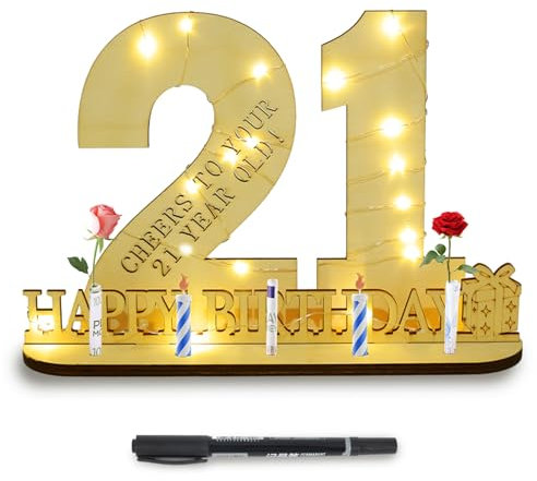 21st Birthday Gifts for Her and Him,Wooden Signature Numbers 21st Birthday Signature Plaque with LED String Lights and Pen,21 Year Old Personalized Keepsake Gift for Son,Daughter and Brother.