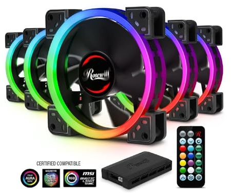 Rosewill RGBF-23001 120mm Dual Ring Addressable RGB Case Fan Hub Set, True RGB LED Case Fans (5-Pack) and 8-Port Fan Hub, Ultra Quiet Cooling with Long Life Rifle Bearings