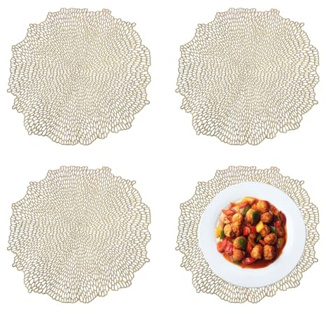 Spldsun 4 StüCk Platzset Rund, Platzset Gold, Tischsets Abwaschbar, für KüChen, Hotels Und Restaurants (38cm Durchmesser)