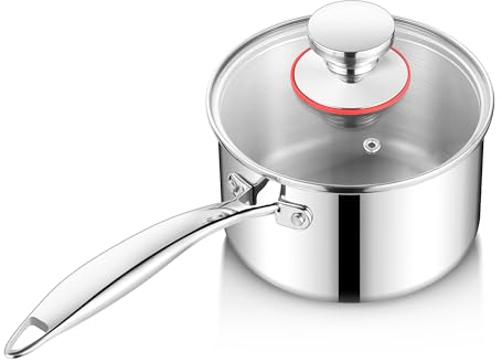 Joyfair Stielkasserolle, 14cm Premium 3-Lagiger Edelstahl Milchtopf Induktion mit Deckel, 1,2 Liter Kochtopf mit Langer Griff, Klein Töpfe für alle Herdarten, Unbeschichtet & Spülmaschinenfest
