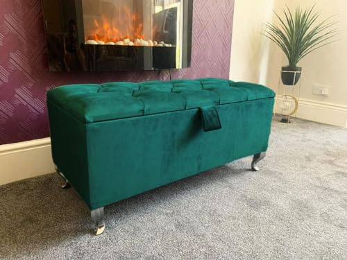 SK LUXURY LIVING Ottoman Storage Box - Engineered Wood Fabric Buttons Luxurious Plush Velvet Ottoman Storage Bench, Perfectly Designed Ottoman for Bedroom Storage (Green Plush, Legs)