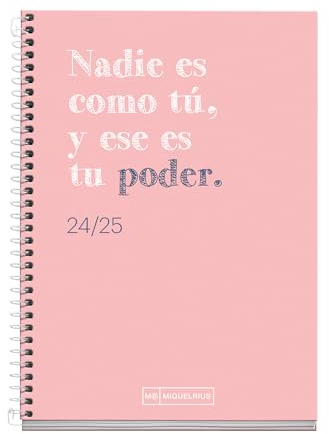 Miquelrius Schülerkalender 2024-2025, September 24 bis Juni 25, 117 x 174 mm, Wochenansicht, Einband aus Karton, Kalender 2024 2025, Spiralbindung, Weiß, Katalanisch und Englisch, Rosa